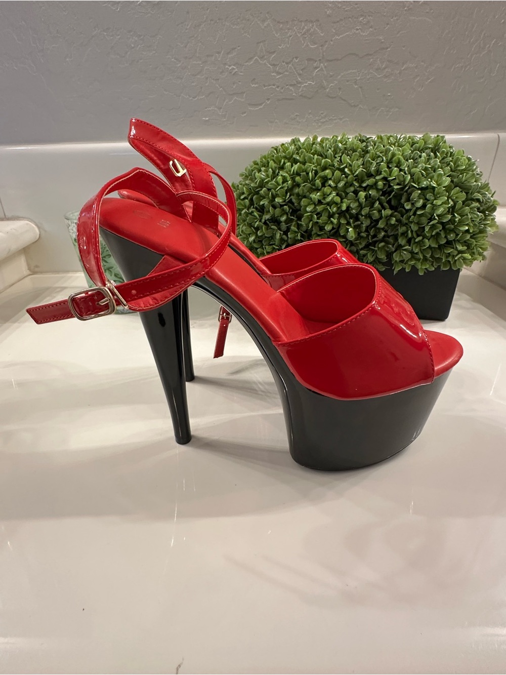 Red Patent Platform High Heel Sandals with Black Platform
